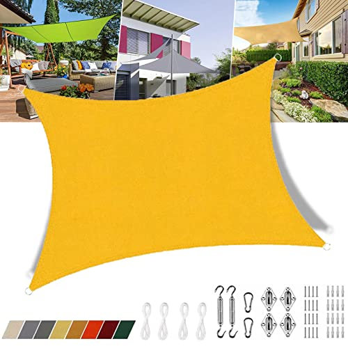 Voile d'ombrage Anti UV 2x5m Rectangulaire, Deperlante Voile dombrage pour Jardin Terrasse Camping Fête Piscine, sur Mesure avec Kit de Fixation, Jaune
