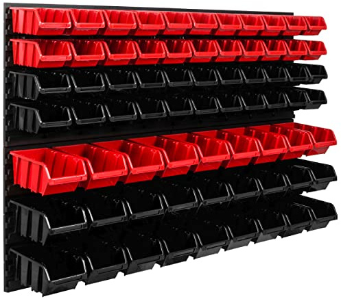 SimpleThing Lagersystem Werkstattregal | 115 x 78 cm | 71 stck. Box | Wandregal mit Stapelboxen - Wandplatten Extra Starke Schüttenregal Warkzeuglochwand Lagerregal Garage Regal