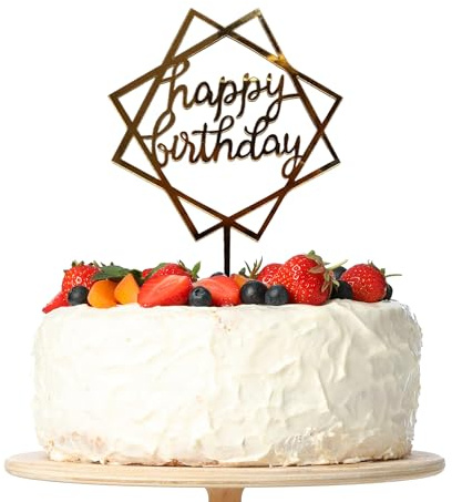 Happy Birthday Cake Topper, Gold Acrylic Cake Decoration for Women Girls Boys Men Birthday Party Decorations (Square)