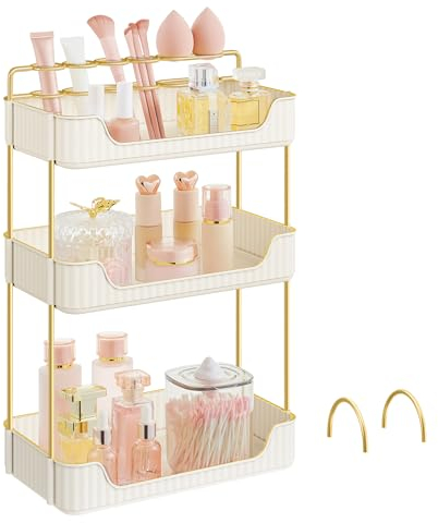 SONGMICS Makeup Organiser, 2 Types of Accessories, 3-Tier Skincare Organiser, Rectangular, Customisable, Jewellery Holder, for Vanity, Gift, Cloud White JKA013W02