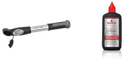 Fischer Mini-Luftpumpe mit Manometer, Doppelhub-Technik, für alle Ventile (AV, DV, SV), Duokopf, aus Aluminium, extrem kompakt