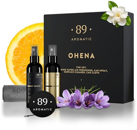 Aromatic • 89 • Kit Nettoyage Voiture – Senteur Safran Élégante et Chaleureux, Spray Intérieur Premium & Chiffon Microfibre, Désodorisant Voiture & Nettoyant Tableau de Bord, Plastiques et Sièges Auto