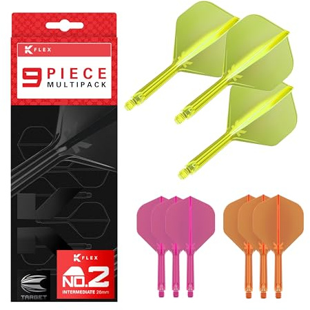 Target Darts K-Flex Integrated Dart Flights and Shafts, Kflex 9 Pack Bundle, Multipack – K Flex 3 Farben | Schwarz, Weiß, Klar, Rot, Grün, Blau, Pink, Orange, Gelb | Short, Intermediate, Medium