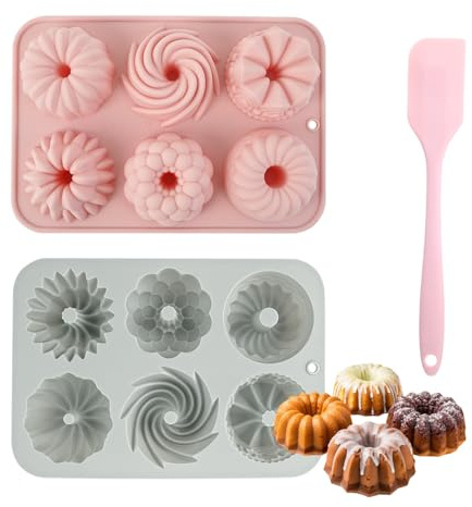 2 Pcs Mini Bundt Cake Pans, Bundt Cake Pan Nonstick, Mini Bundt Cake Pans for Baking, 6 Cavity Non-Stick Silicone Baking Mold, Mini Bundt Cake Molds, Silicone Bundt Pans for Cupcake, Brownies, Jellies