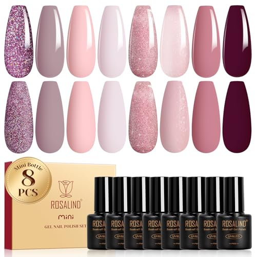 ROSALIND Smalti Semipermanenti per Unghie Viola, 8 Colori Glitter Viola Nude Avena Smalto Semipermanente Colori, Soak Off UV/LED Smalto Gel Unghie DIY Nail Art Manicure Regalo