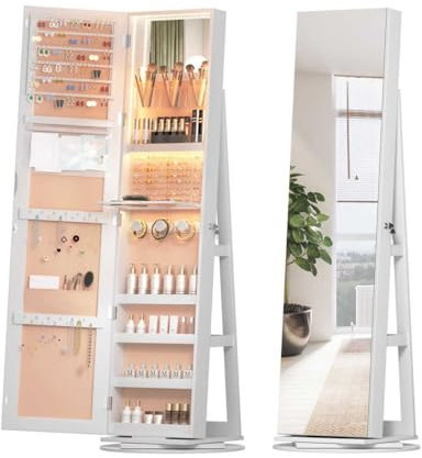 Weißer Standspiegel Schmuckschrank mit LED-Lichtern, um 360 ° drehbarer Ganzkörperspiegel mit Aufbewahrung, 3-in-1 abschließbarer Schmuckschrank mit Ablage, Kleiderschrank, Schmuck-Organizer