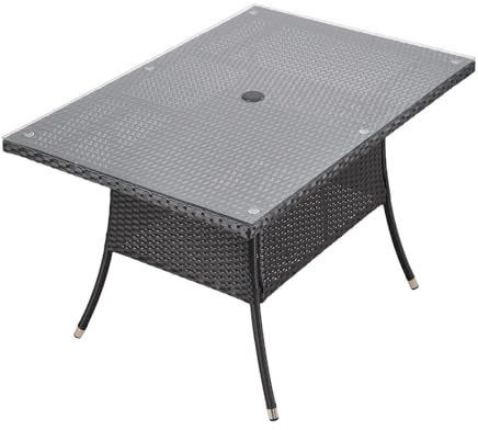 Warmiehomy Rattan Garden Table 120x80cm Outdoor Dining Table with Tempered Glass Tabletop Wicker Patio Tables with Parasol Hole Black Outdoor Side Tables