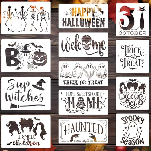 13 Pcs Halloween Stencils for Painting on Wood, Halloween Porch Painting Template, Large Happy Halloween and Welcome Templates for Porch Sign Door Hanger Holiday Decor