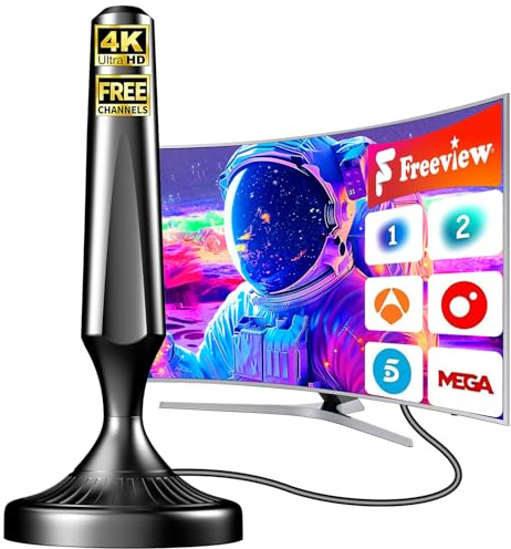 Antena TV Digital Interior 2025, Recepción 360° Estable de hasta 480 km, Compatible con Smart TV, 4K y 1080P, Base Magnética y Cable Coaxial de 5 m, Antena TDT para Canales Freeview y Locales