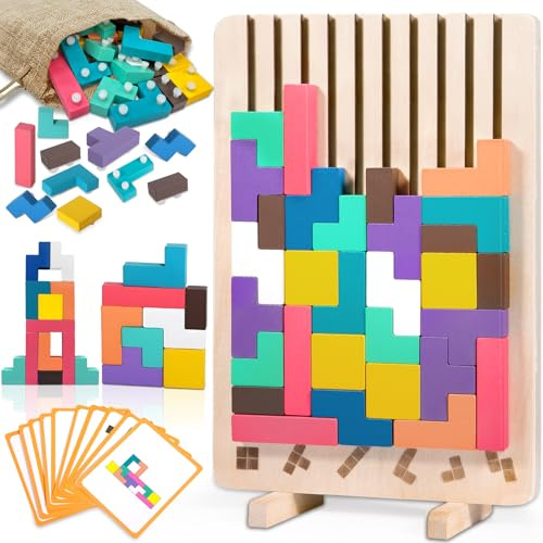 ZLPBAO Puzzle de Madera Tetris con 10 Tarjetas y Bolsa de Almacenamiento, Rompecabezas Niños, Tetris Puzzle 3D Madera,Juguetes Sensoriales, Juegos Montessori 3 4 5 6 Años