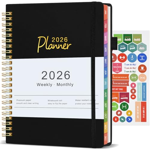 Kalender 2026 A5, Wochenkalender, Terminplaner, Buchkalender & Wochenplaner (Jan – Dez 2026), Planer mit Monatsübersicht, Notizseiten, Kontaktseiten, Schwarz