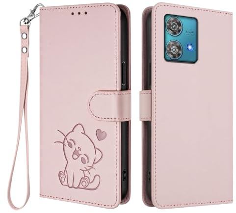 WBWONE Funda Cartera para Motorola Moto Edge 40 Neo, Carcasa Magnética con Diseño Gato Lindo, Cubierta TPU Cuero, Bumper Antigolpes & Ranuras Tarjetas - Rosa