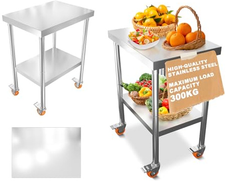 ACXIN Arbetsbord i rostfritt stål L 2 våningar med hjul, kan belastas upp till 300 kg, förberedelsebord, köksbord, hygieniskt och robust, mobil för catering, catering, verkstad, utomhus (61 x 60 x 85