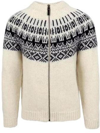 Generisch Chaqueta de punto para hombre con estampado noruego - Chaqueta de lana forrada con cremallera y cuello alto | Jersey tradicional islandés para el invierno, XL