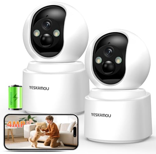 YESKAMOU 4MP 2.5K Telecamera Wi-Fi Interno Senza Fili con Batteria 6000mAh, 360° Telecamera Batteria Interno, Rilevazione di Movimento PIR, Visione Notturna a Colori, 2.4G/5G Wi-Fi(2PCS)