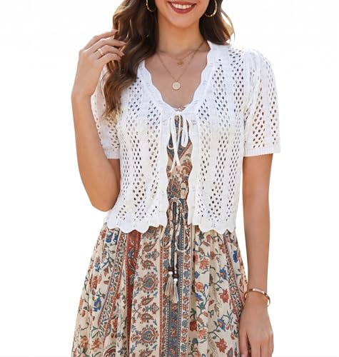 LYNYMUA Boléro en tricot pour femme - Cardigan ouvert à l'avant - Cardigan en tricot - Manches courtes - Ouvert à l'avant