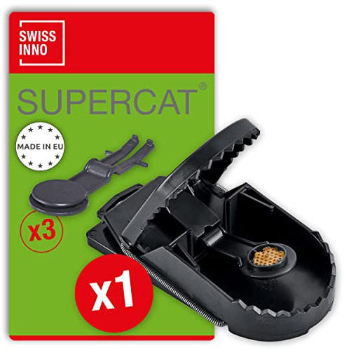 SWISSINNO Rattenfalle Schlagfalle SuperCat für Ratten mit Köder – Extra Starke, Wiederverwendbare mit Erdnussbutter-Lockstoff – Hygienisch & sofort einsatzbereit - 1 Falle + 3 Ersatzköder