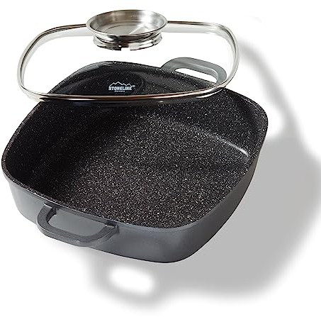 STONELINE Casseruola Quadrata 32 cm, Tegame 2 Manici Coperchio Salva-Aroma Alluminio Pressofuso, Rivestimento Antiaderente con Vere Particelle di Pietra, A Induzione Forno Tutti i Piani, Grigio