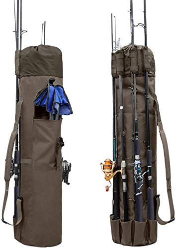 Allnice Sturdy Canvas Fishing Rod & Reel Organizer Bag Travel Carry Case Bag- Holds 5 Poles & Tackle (Khaki)