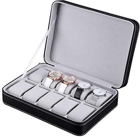 Guolich Uhr Aufbewahrungsbox Uhr Display Halter PU Lederschmuck Armband Kollektion Organizer mit Reißverschluss(10 Slots)