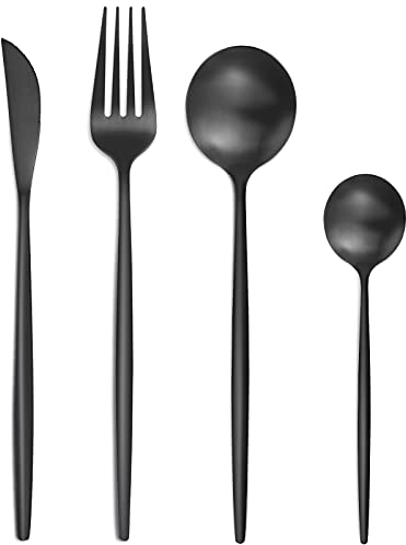 Matte Black Cutlery Sets 16 Pieces, Bestdin Elegant Stainless Steel Cutlery Set 16 Pieces, Kitchen Cutlery Set for 4, Suitable for Home/Party/Restaurant, Black Titanium Coating and Dishwasher Safe