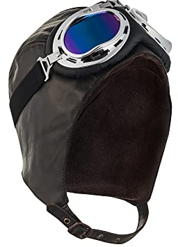 BLUETECH Cabriohaube, Fliegermütze, Cabriomütze, Oldtimerhaube Basic braun, mit Cabriobrille Herren Damen Leder Unisex - XXL