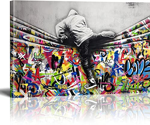 Leinwanddrucke Banksy Graffiti Wandkunst hinter dem Vorhang, Pop-Art, bunte Poster, gespannte Bilder für Wohnzimmer, moderne Wohnkultur, gerahmt, fertig zum Aufhängen, 70 x 100 cm