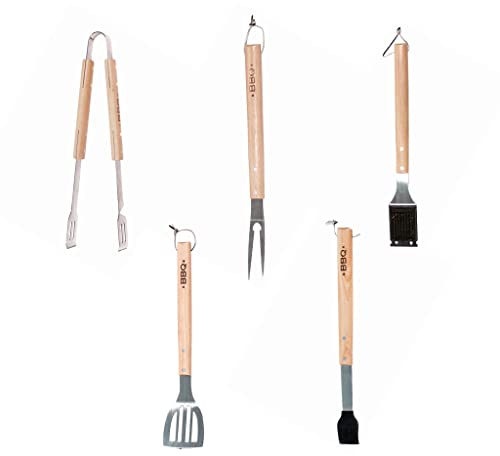 Fackelmann Set de Utensilios Barbacoa | Kit de Pinzas, Tenedor, Cepillo, Paleta y Pincel especiales para Barbacoa, Mango de Madera y Parte Funcional de Acero.
