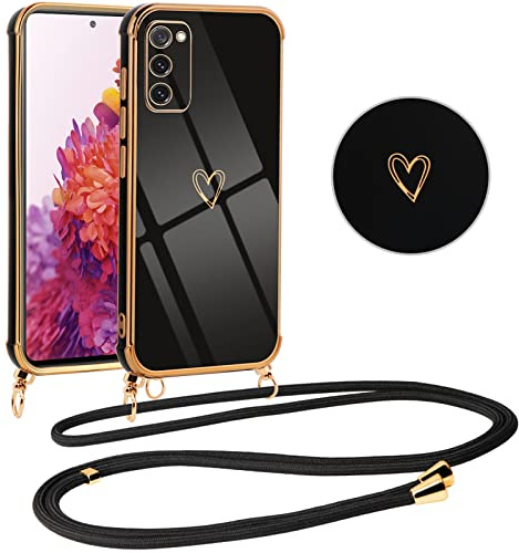 Vauki handyband Hülle für Samsung Galaxy S20 FE 4G/5G mit Band, mit Liebesmuster TPU Handyhülle Ultra dünn Stoßfeste, Galvanik Silikon Case Bumper mit Kordel zum Umhängen für Samsung S20 FE, Schwarz