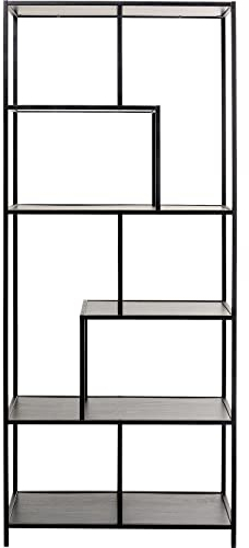 Kare Design Regal Loftie, Schwarz, Schmal, Standregal mit 6 Ablagen, Bücherregal, Aufbewahrungsregal für Wohnzimmer, Arbeitszimmer, Büro, Flur, Holzböden, Eiche, Metallgestell, 185x60x30 cm (HxBxT)