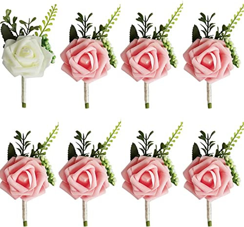 runrayay Weiß & Rosa Rose Ansteckblume für Männer, Hochzeit mit Anstecknadeln – 8er-Set, Bräutigam und Trauzeugen Ansteckblume für Hochzeitszeremonie, Jubiläum, formelle Dinnerparty und Vintage