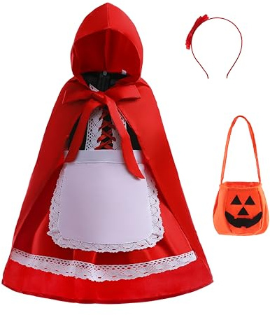 Lito Angels Deguisement Costume Robe de Petit Chaperon Rouge avec Manteau à Capuche et Tablier pour Enfant Fille Taille 12-13 ans