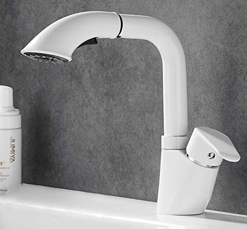 Waschtischarmatur mit herunterziehbarer Brause, Küchenmischbatterie, Edelstahl-Waschtischarmatur, warm und kalt, einstellbar, für Toilette und Waschbecken, weiß