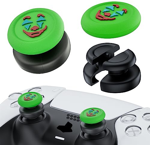 PlayRealm NO Falling Off Thumbstick Extender & Silicone Grip Cover 2 Sets for PS5 & PS4 Controller (Joker Green)