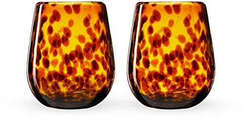 Segunda Vida Tortuga Tortoise Shell colored Stemless Wine Glasses Set - Hand Blown Colorful Wine Glasses - Amber 100% Recycled Glassware Made in Mexico, 13oz, Set of 2