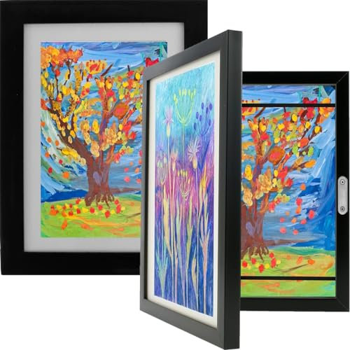 Jokapy Kids Art Frames Front Opening A4 Kids Artwork Display Frame with Desktop Stand and Fixed Strap, Changeable Childrens Artwork Display Wooden Picture Frame for 100 Pictures (Black)