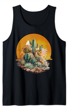 Retro Vintage Saguaro Cactus Opuntia Cactaceae Sunset Tank Top