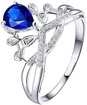Vorsteckring Gold 750, Ringe Frauen Vintage Kronen und Wassertropfen Labor Geschaffener Saphir 0.42ct Birnenform Blau Gr.45 (14.3) 18K Weißgold