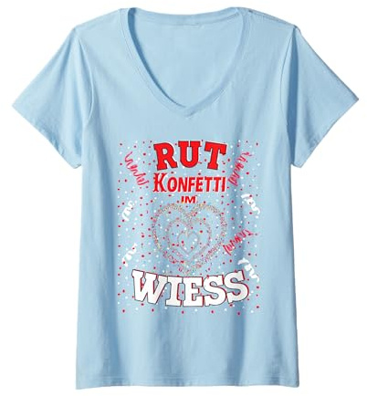 Damen Rut Wiess Karnevalskostüm Köln Rot Weiß konfetti im Herzen T-Shirt mit V-Ausschnitt