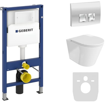 Lavita Duofix Basic Vorwandelement + Wand Tiefspül WC Galve Weiß Spülrandlos + WC Sitz + Bedienplatte Delta 25 Verchromt Knopf Komplettset Unterputz Spülkasten Toilette Komplett Sett WC