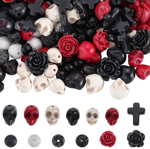 SUNNYCLUE 203 pieza de Cuentas de Calavera de Halloween Abalorios de Esqueleto A Granel Roca de Lava Natural Turquesa Sintética Piedra Negra Cruz Flor Rosa Cuentas Espaciadoras para Hacer Joyas Pulser