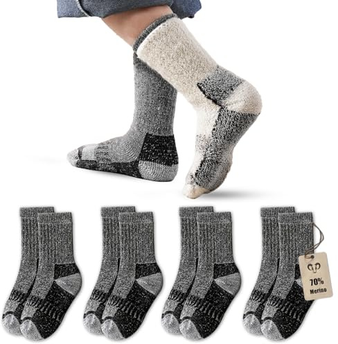 Vihir 4 pares de calcetines de merino para niños varones - Calcetines deportivos de merino tipo crew, calcetines cálidos de invierno gruesos para esquí, trekking, senderismo 22-26, 26-29, 29-34, 34-37
