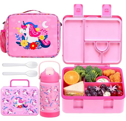 rockpapa Kids Bento Lunch Box Set with Insulated Water Bottle, Pink Unicorn | Leakproof 5.5Cups Bento Box, 14oz Insulated Water Bottle, Insulated Lunch Bag, for Boys, Girls, Back to School