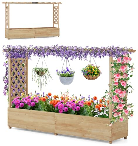 HOMASIS Blumenkasten mit 2 Rankgitter & Dachregal, Hochbeet mit Spalier, Holz Pflanzkasten für Kletterpflanz, Pflanzkübel Pflanzgefäß Rankhilfe für Garten Balkon Terrasse (Natur, 200x44x114cm)