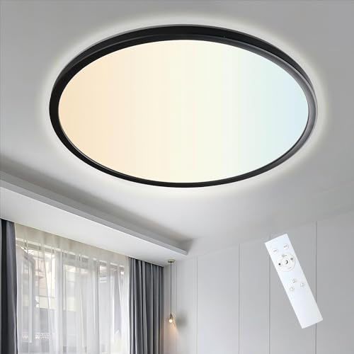 ONDTA LED Deckenleuchte Dimmbar 45W, 2700K-6500K 6700LM Deckenlampe Schwarz mit Fernbedienung, IP44 Küchenlampe Badezimmer Lampe, Ultra Dünn LED Panel für Küchen Wohnzimmer,Schwarz Rund Ø57 CM