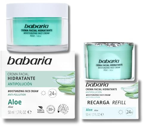 Babaria - Pack Crema Hidratante Facial Mujer 24h y Recarga Extra de 50 ml | Crema Facial Hidratante Vegana con Aloe Vera 100% Puro y Vitamina E | Antiarrugas, Antiedad y Regeneradora