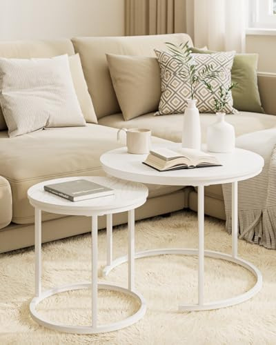 HEYZOEY Round Coffee Tables, Removable Set of 2 End Table, Nesting Tables with White Metal Frame Legs and Wooden white Top for Living Room, Bedroom, Office, Balcony, Apartment (white)