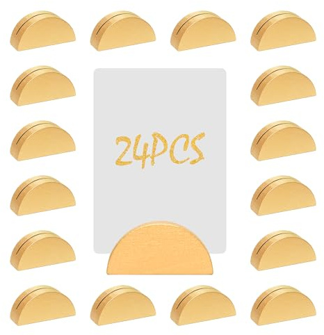 Qomork 24 Pcs Gold Table Number Stands, Wooden Indoor Wedding Place Card Holders Semicircular Table Name Holder for Photos Office Tag Birthday Banquet Party Restaurant Menu