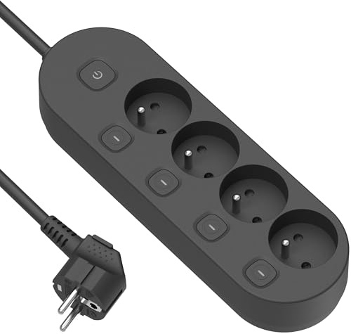 Electraline 35481 Bloc Multiprise avec 4 Prises Françaises, 4 interrupteurs indépendants, câble de 1.5M, Noir