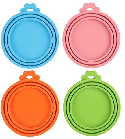 4 Packs Silicone Pet Can Cover Lids, BPA-Free Universal Dog Cat Food Tin Lids, Fits 3 Standard Sizes 3oz/5.5oz/12oz Cans, Airtight Reusable Dishwasher Safe Can Tops (Blue, Green, Orange, Pink)